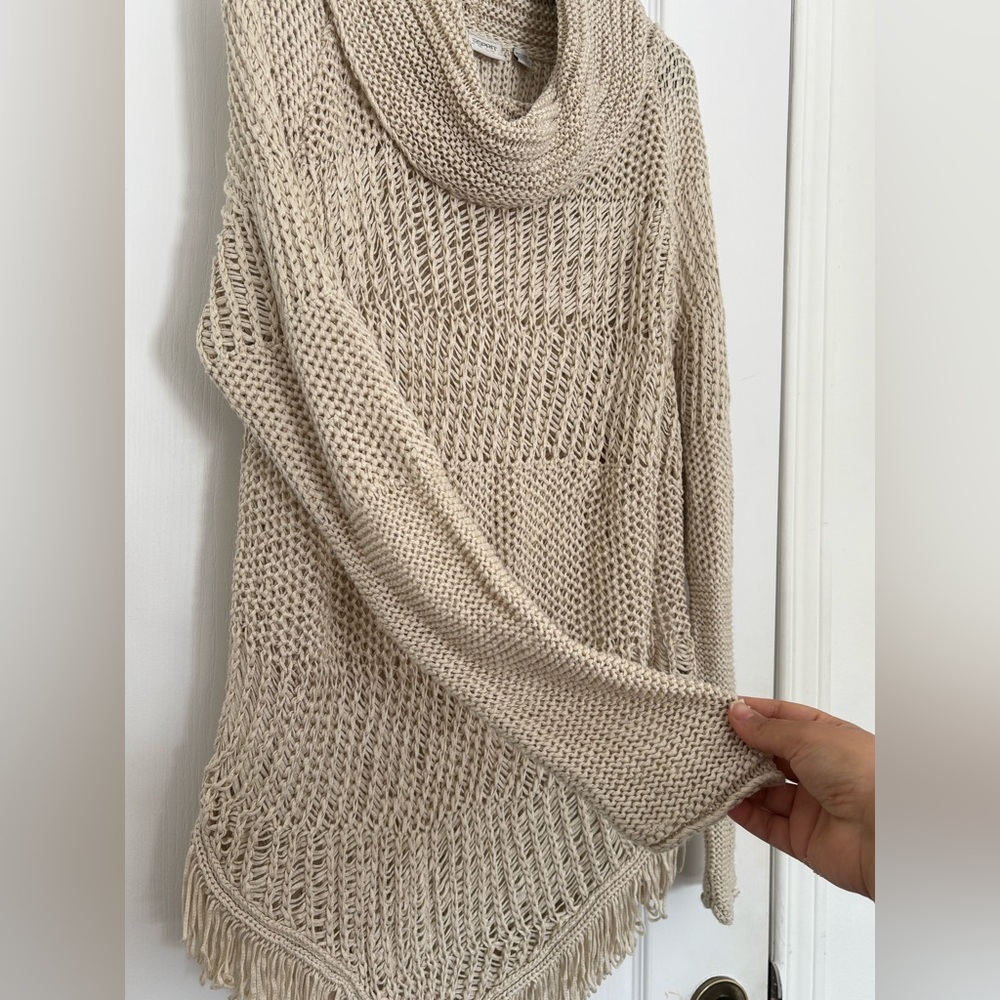 Esprit Beige Cowl Neck Open Knit Fringe Hem Sweater - Picture 5 of 8